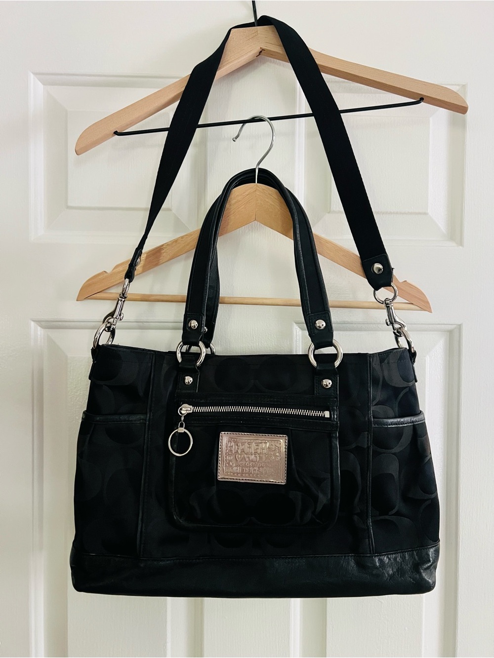 Coach Black Signature Poppy Tote with Silver Hardware